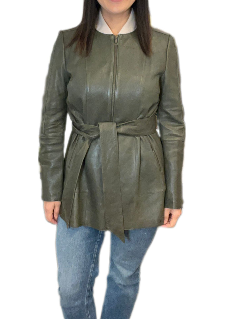 Sass & Bide Olive Green Mid Length Leather Jacket with Belt - size 14