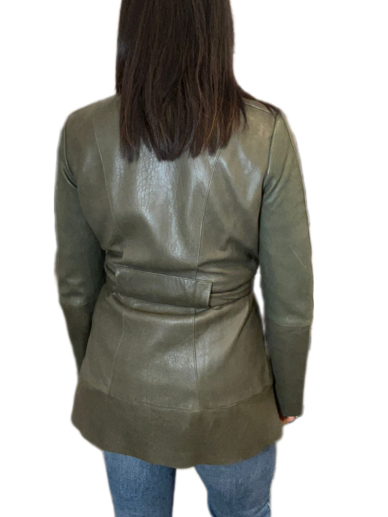 Sass & Bide Olive Green Mid Length Leather Jacket with Belt - size 14