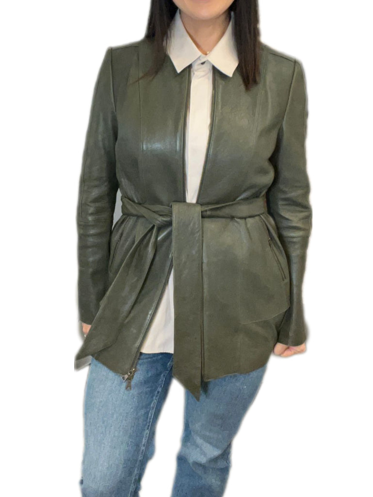 Sass & Bide Olive Green Mid Length Leather Jacket with Belt - size 14