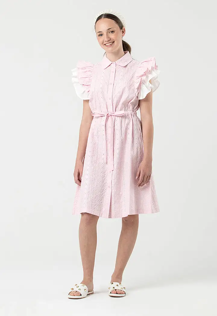 Schiffli Collared Button Tied Up Midi Dress