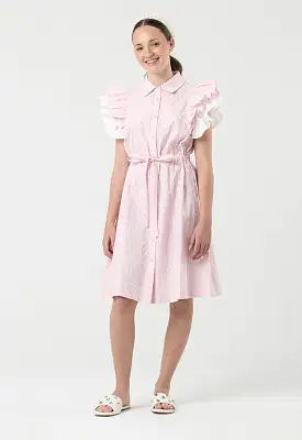 Schiffli Collared Button Tied Up Midi Dress