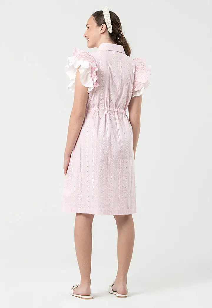 Schiffli Collared Button Tied Up Midi Dress