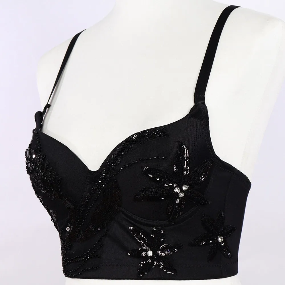 Sexy Sequins Beads Corset Nightclub Party Short Women Camis Built In Bra Cropped Sleeveless Crop Top YH1204