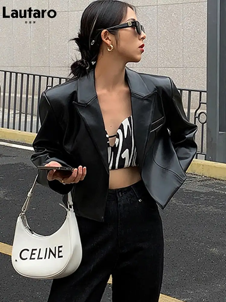 Short Leather Jackets Black Casual Short Soft Light Pu Leather Jacket with Long Sleeve Spring 2022 Womens Fashion Blazer Autumn 