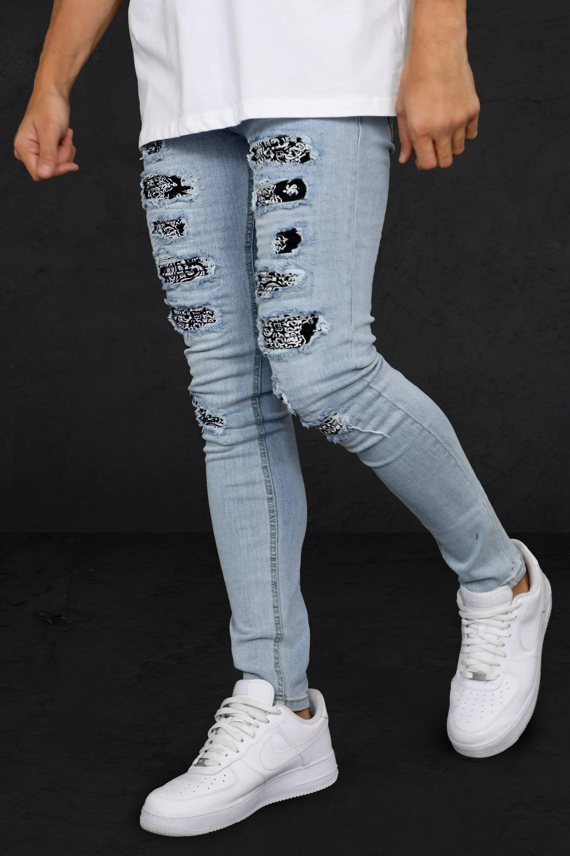 Skinny Rip & Repair Bandana Biker Jeans | boohooMAN UK