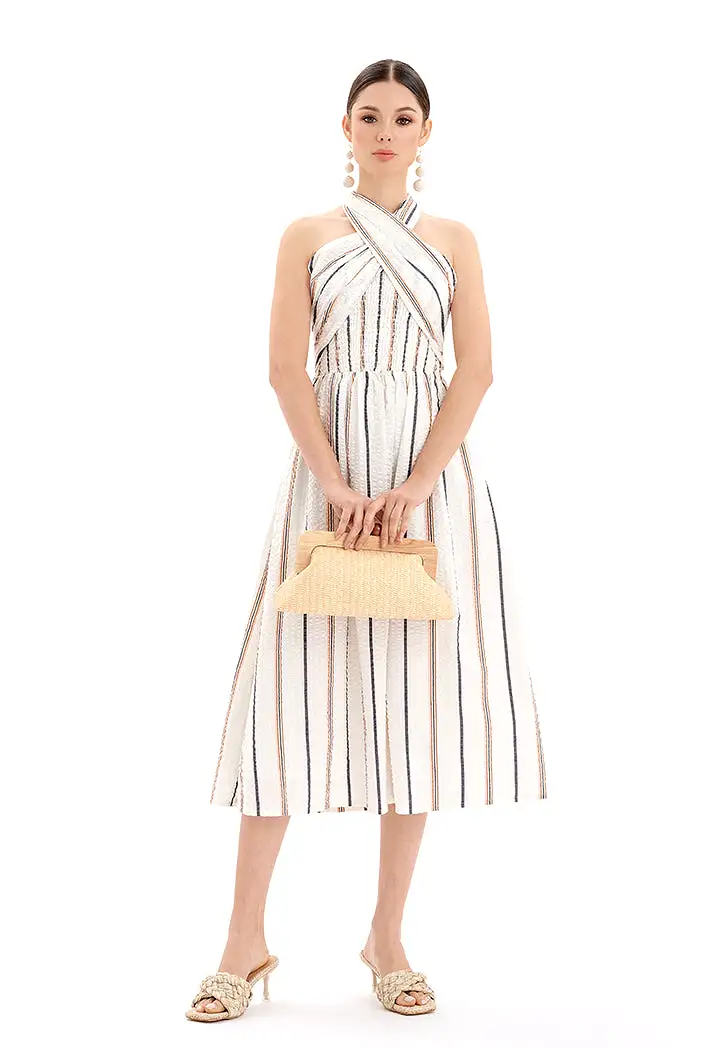 Sleeveless Halter Neck Striped Midi Dress