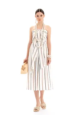 Sleeveless Halter Neck Striped Midi Dress