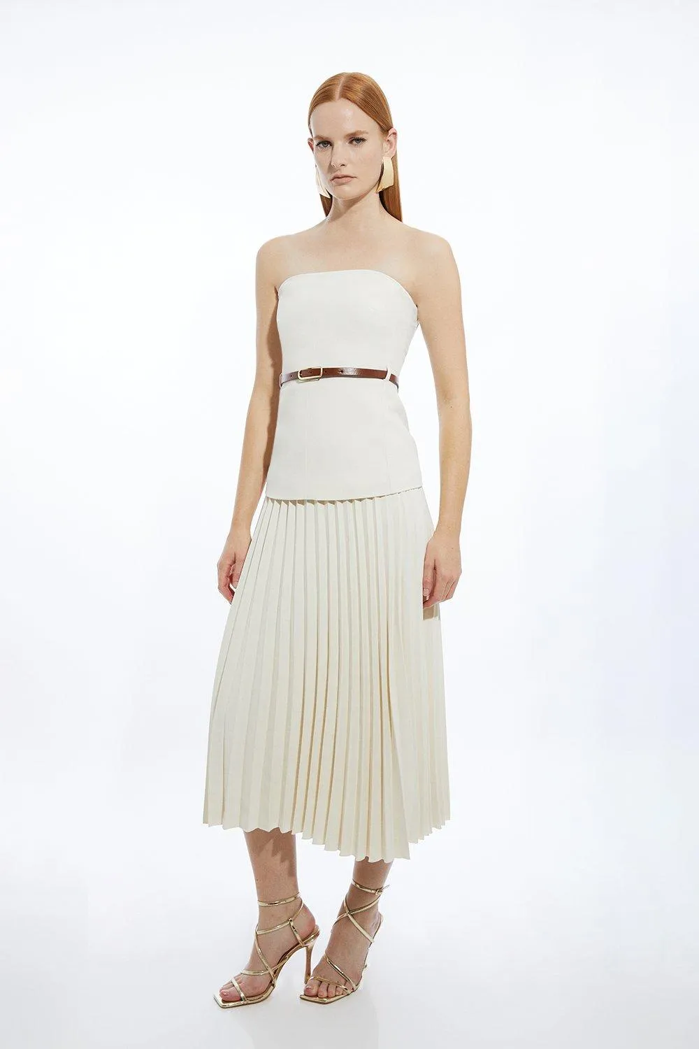 Tailored Crepe Bandeau Pleated Full Skirted Midaxi Dress | Karen Millen