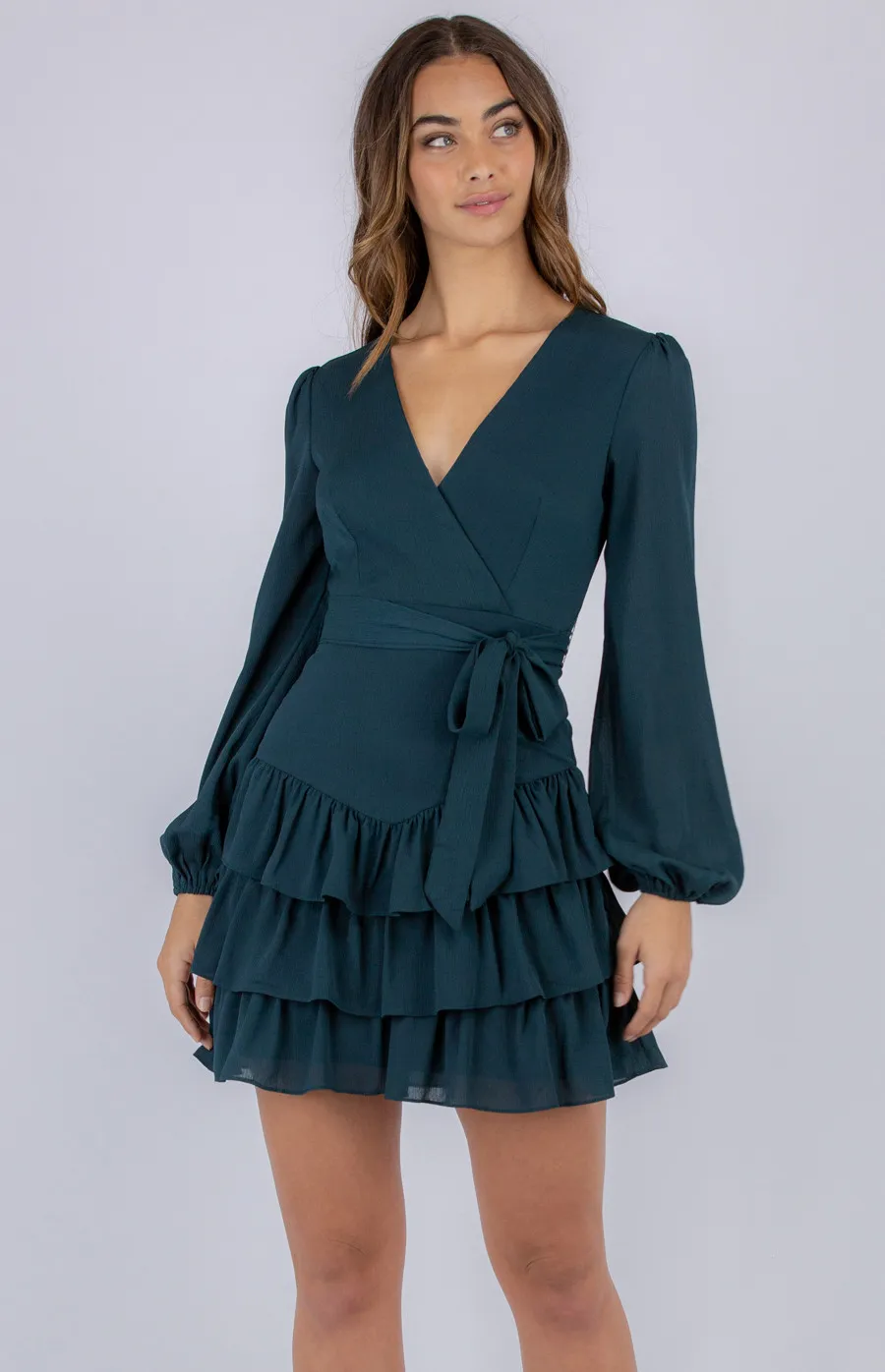 Textured Long Sleeve Dress with Ruffle Hem (SDR785A)