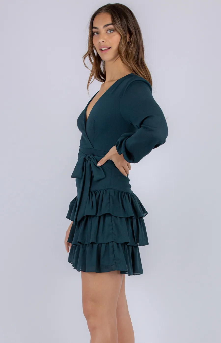 Textured Long Sleeve Dress with Ruffle Hem (SDR785A)