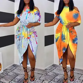 Tie-Dye Print Elegant Off-Shoulder Dress