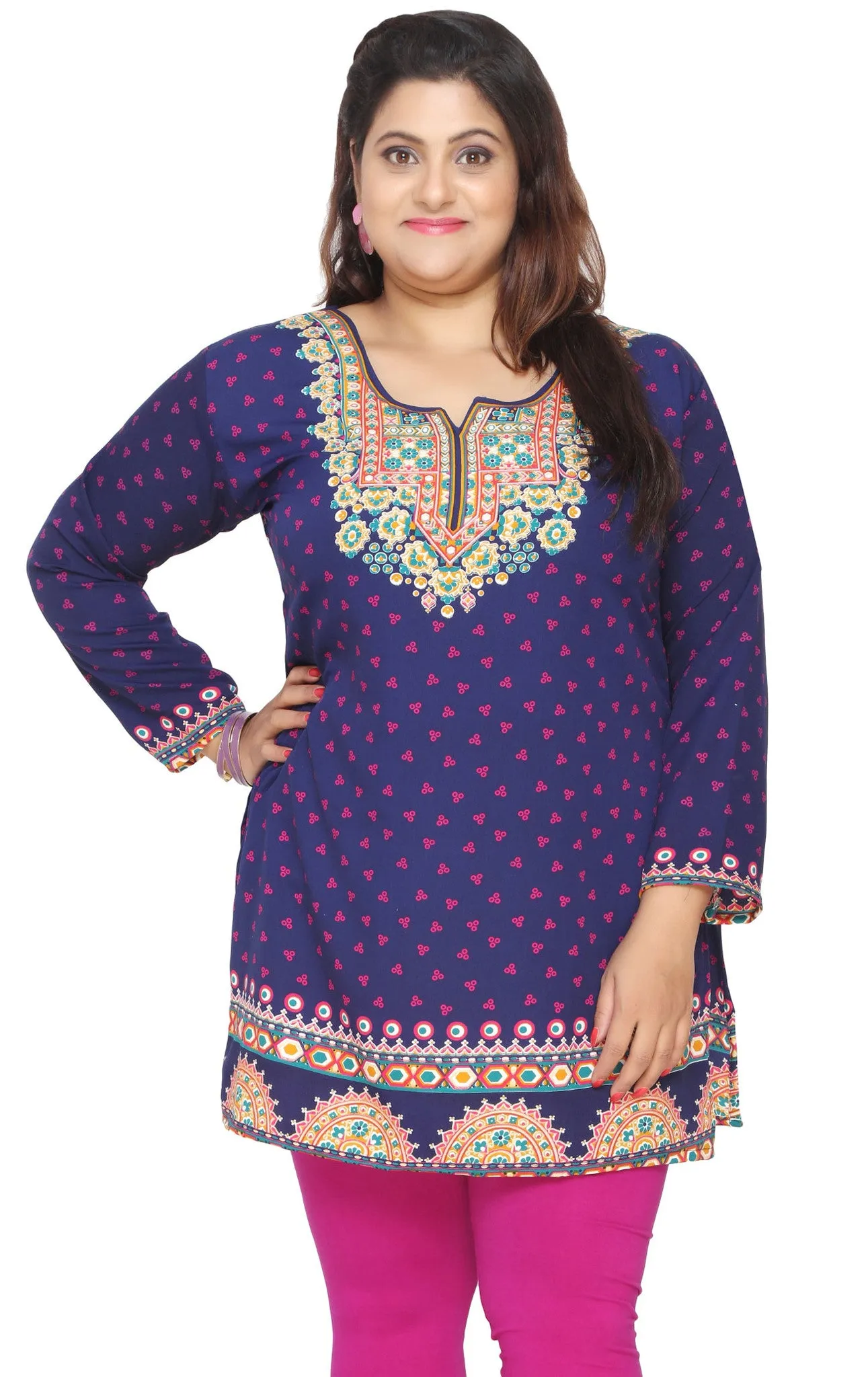 Tunic Top Kurti Womens Printed Plus Size Indian Clothes (Blue)