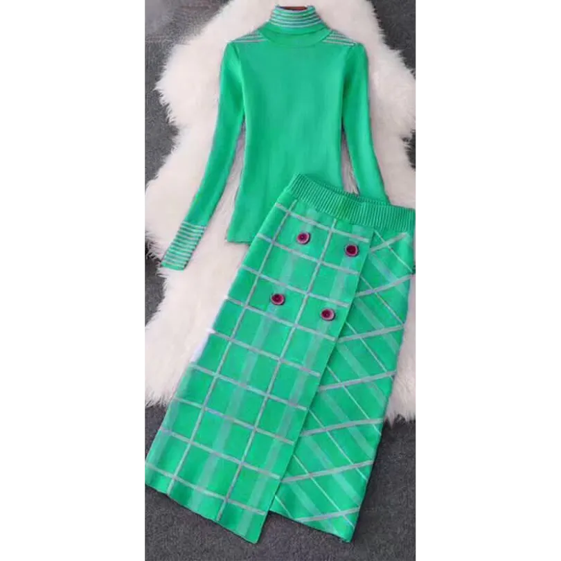 Turtleneck Top and Button Skirt Set