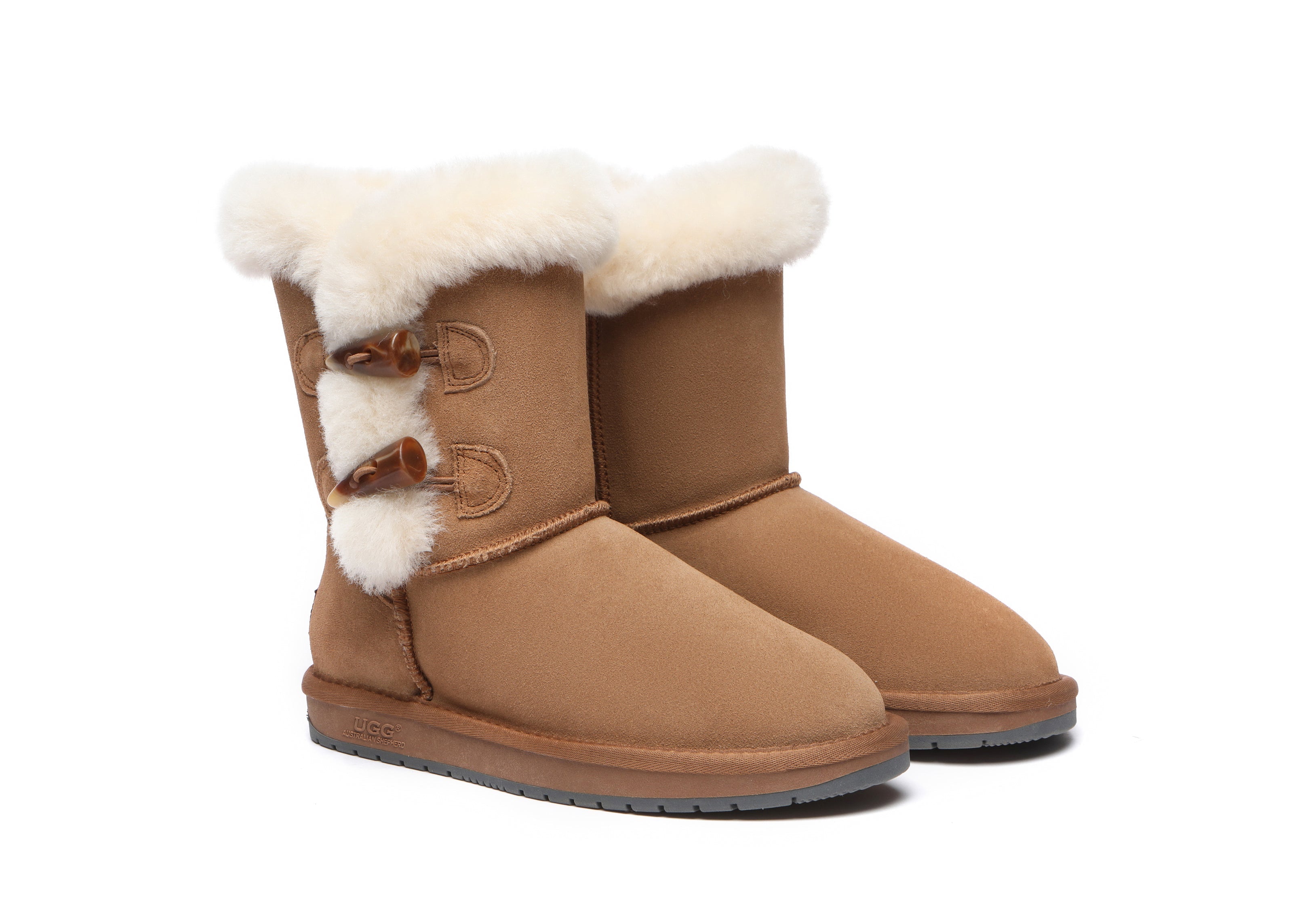 UGG Australian Shepherd Women Short Boots Talia Twin Face Sheepskin Double Horn Toggle Closure