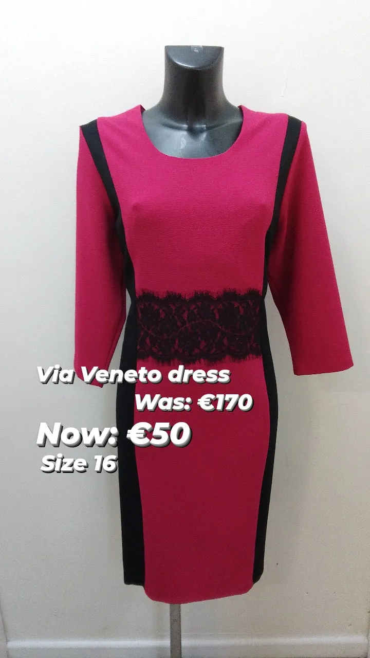 V3259 - Via Veneto pink with black lace detail dress