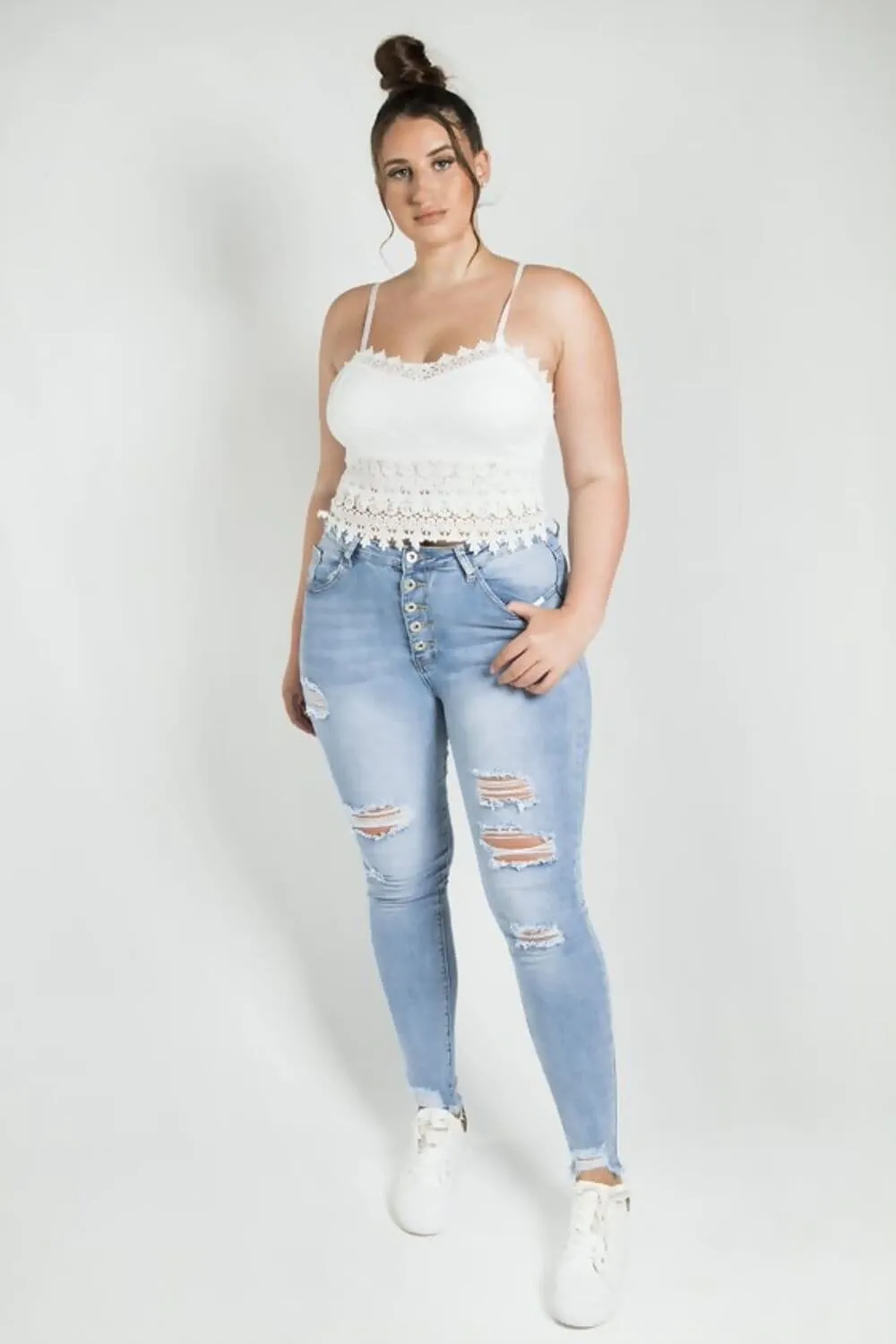 Walking Trophy Blue High Waist Button Front Ripped Skinny Jeans