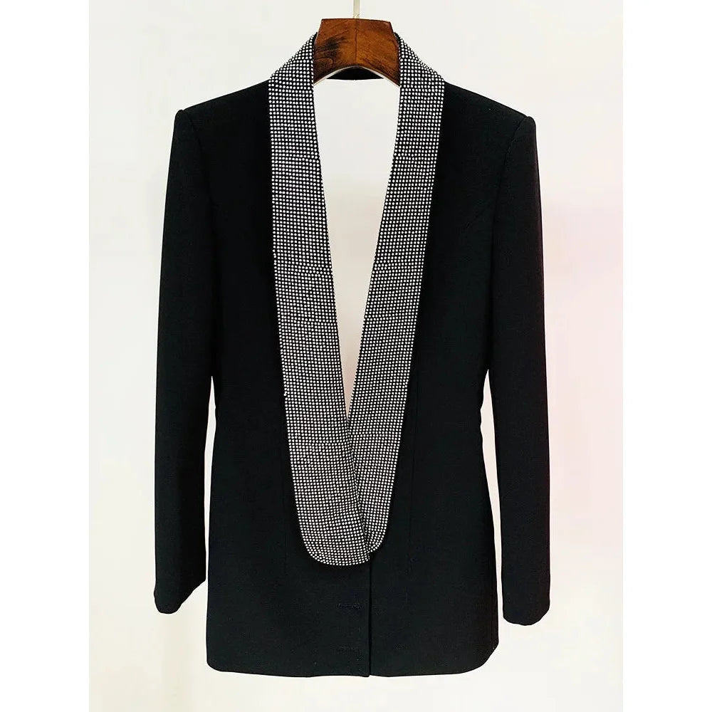 Women's Diamond Beaded Shawl Collar Single Button Backless Blazer