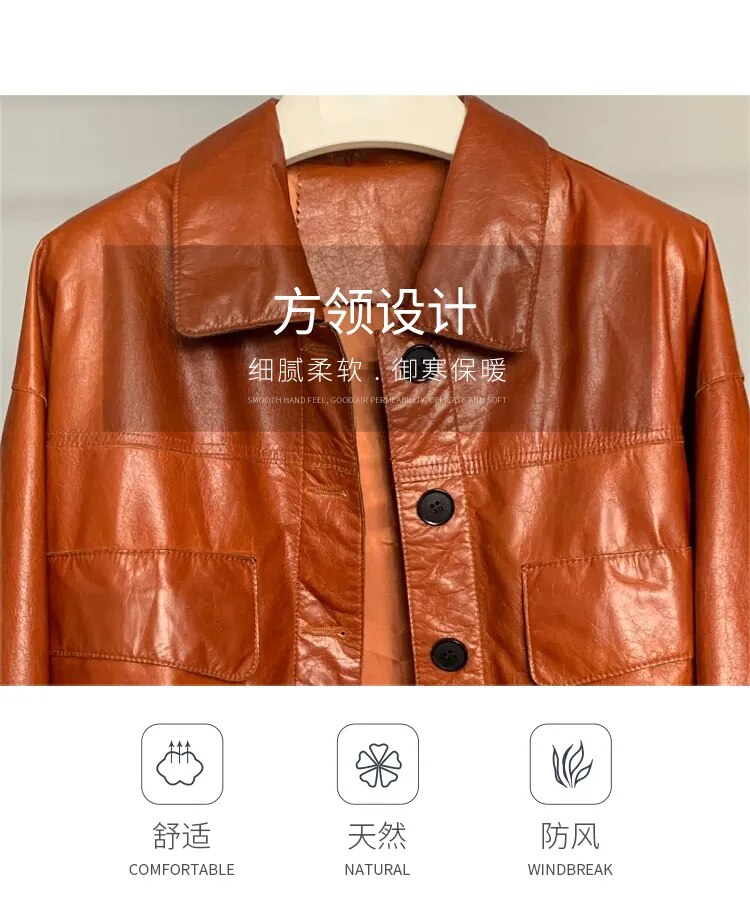 Women's Korean Fashion Cowhide Leather Big Pocket Loose Short Jacket