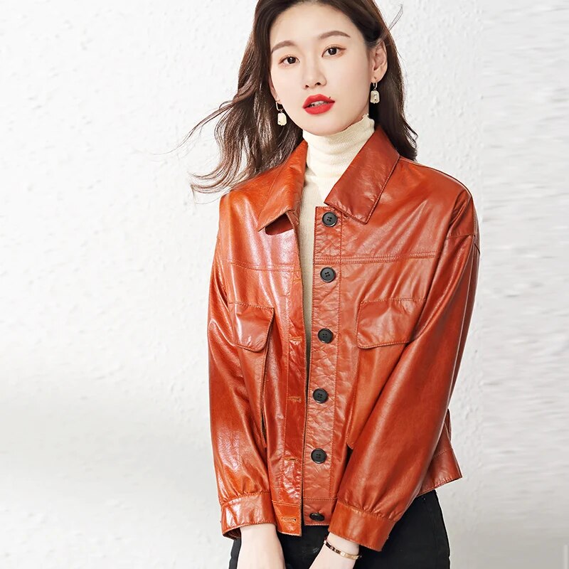 Women's Korean Fashion Cowhide Leather Big Pocket Loose Short Jacket