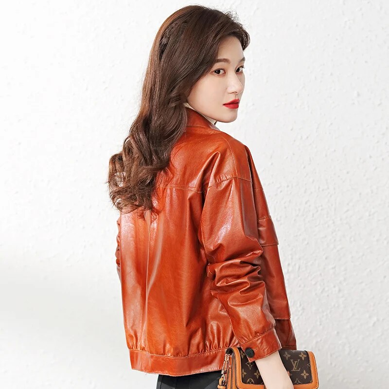 Women's Korean Fashion Cowhide Leather Big Pocket Loose Short Jacket