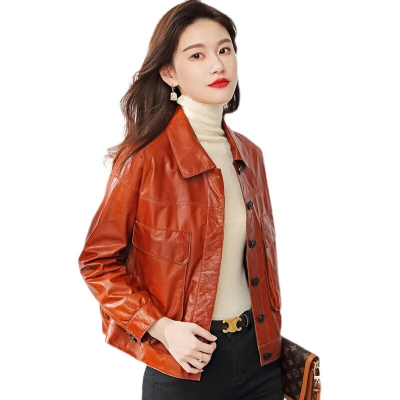 Women's Korean Fashion Cowhide Leather Big Pocket Loose Short Jacket