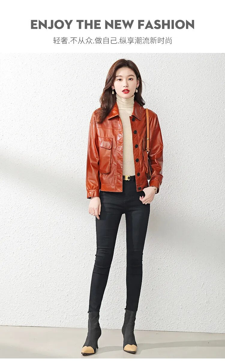 Women's Korean Fashion Cowhide Leather Big Pocket Loose Short Jacket