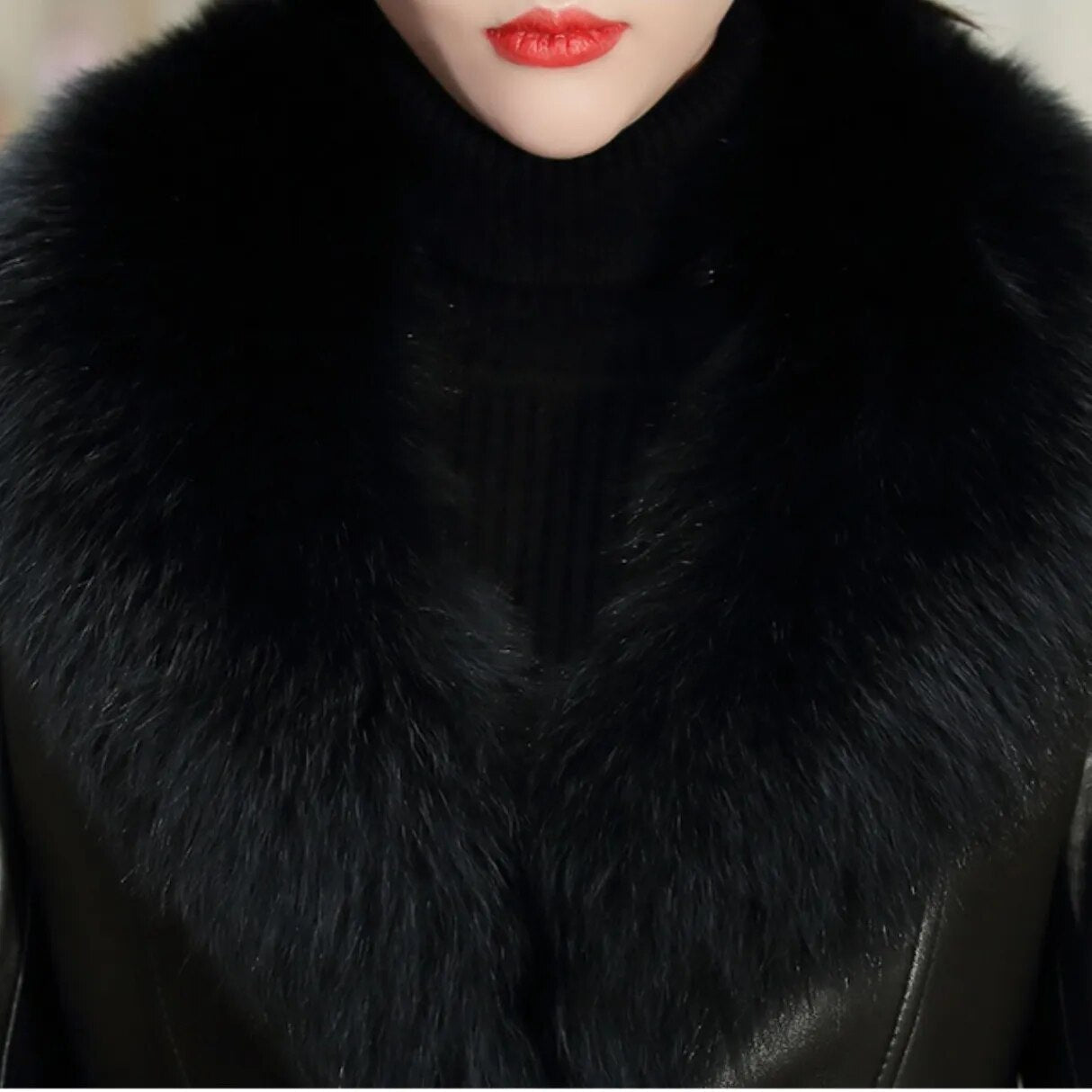 Women's Korean Style Real Sheepskin Leather Fox Collar Winter Coat