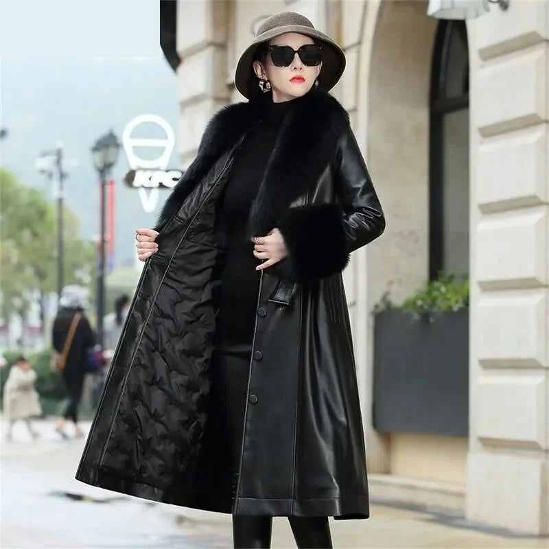 Women's Korean Style Real Sheepskin Leather Fox Collar Winter Coat