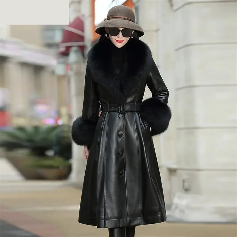 Women's Korean Style Real Sheepskin Leather Fox Collar Winter Coat