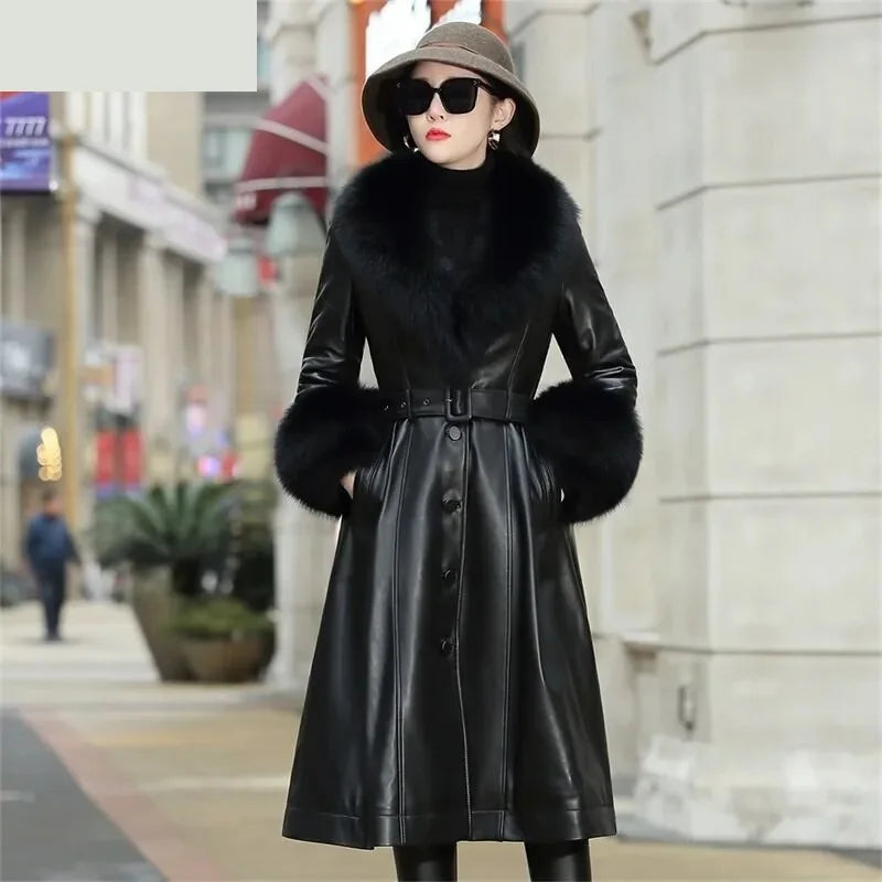 Women's Korean Style Real Sheepskin Leather Fox Collar Winter Coat