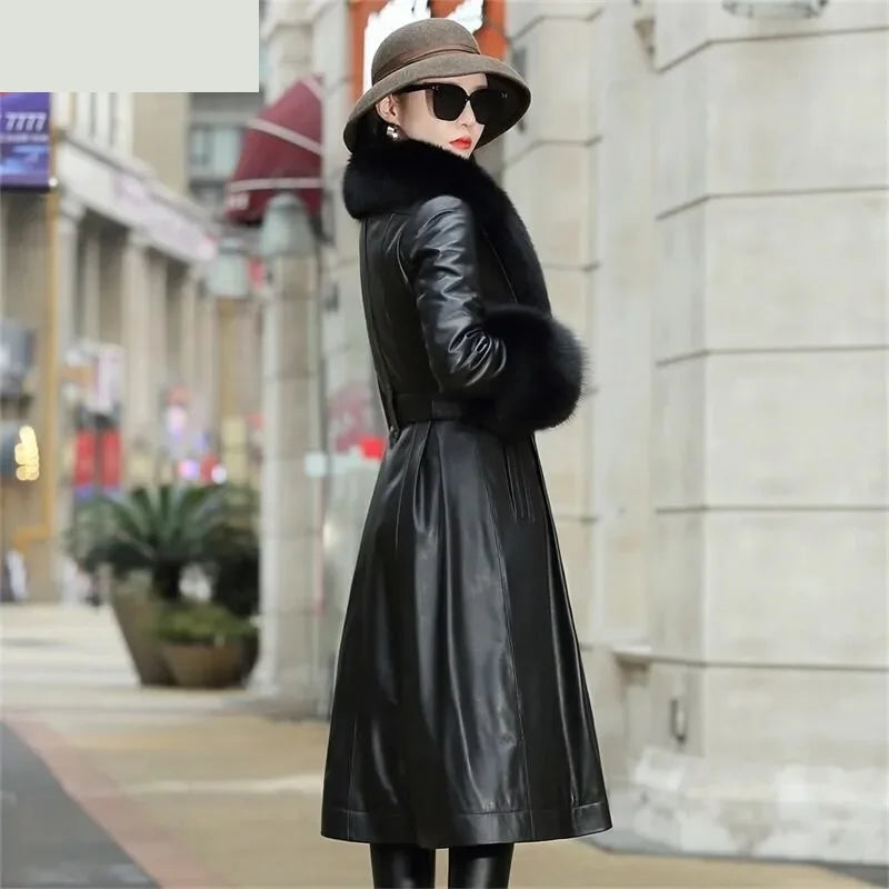 Women's Korean Style Real Sheepskin Leather Fox Collar Winter Coat