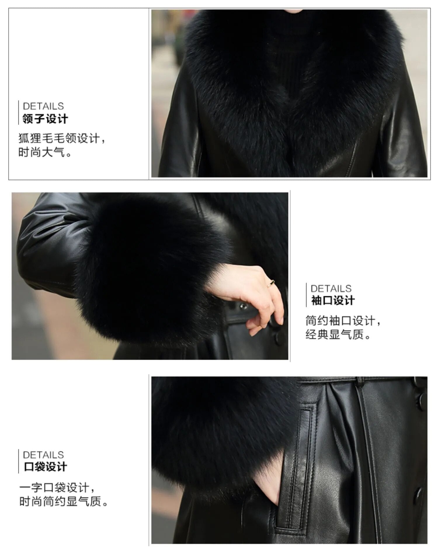 Women's Korean Style Real Sheepskin Leather Fox Collar Winter Coat