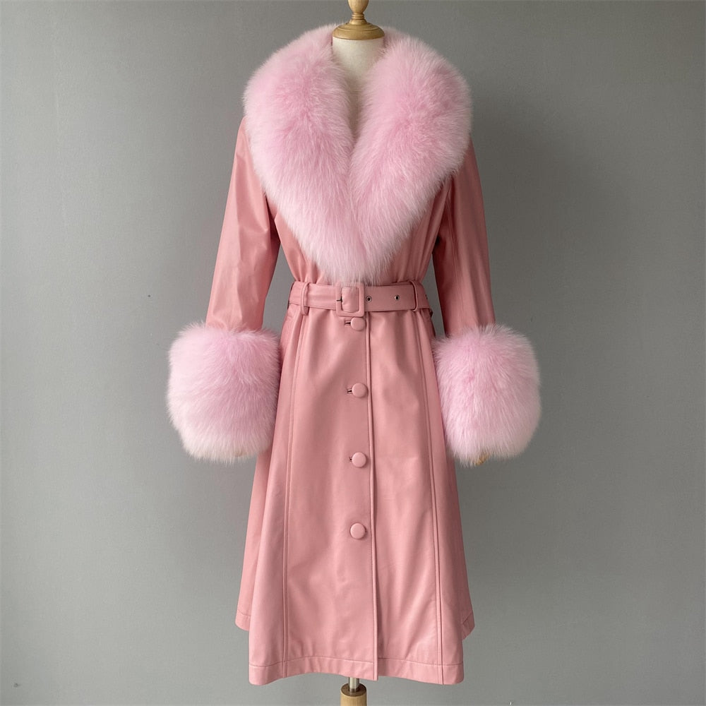 Women's Plus Size Genuine Leather Real Fox Fur Collar Long Trench Coat