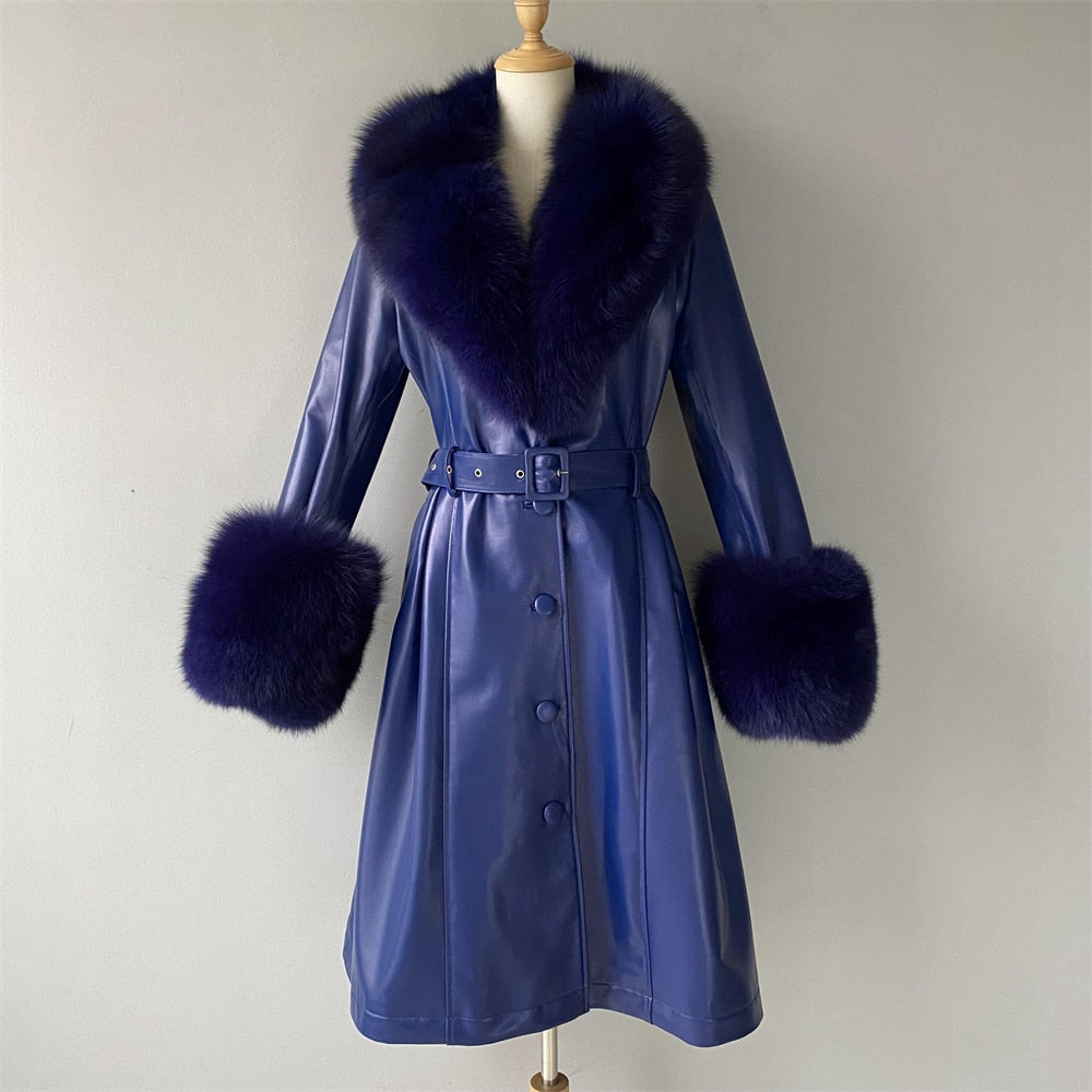 Women's Plus Size Genuine Leather Real Fox Fur Collar Long Trench Coat