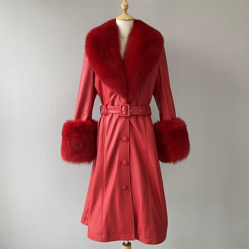 Women's Plus Size Genuine Leather Real Fox Fur Collar Long Trench Coat