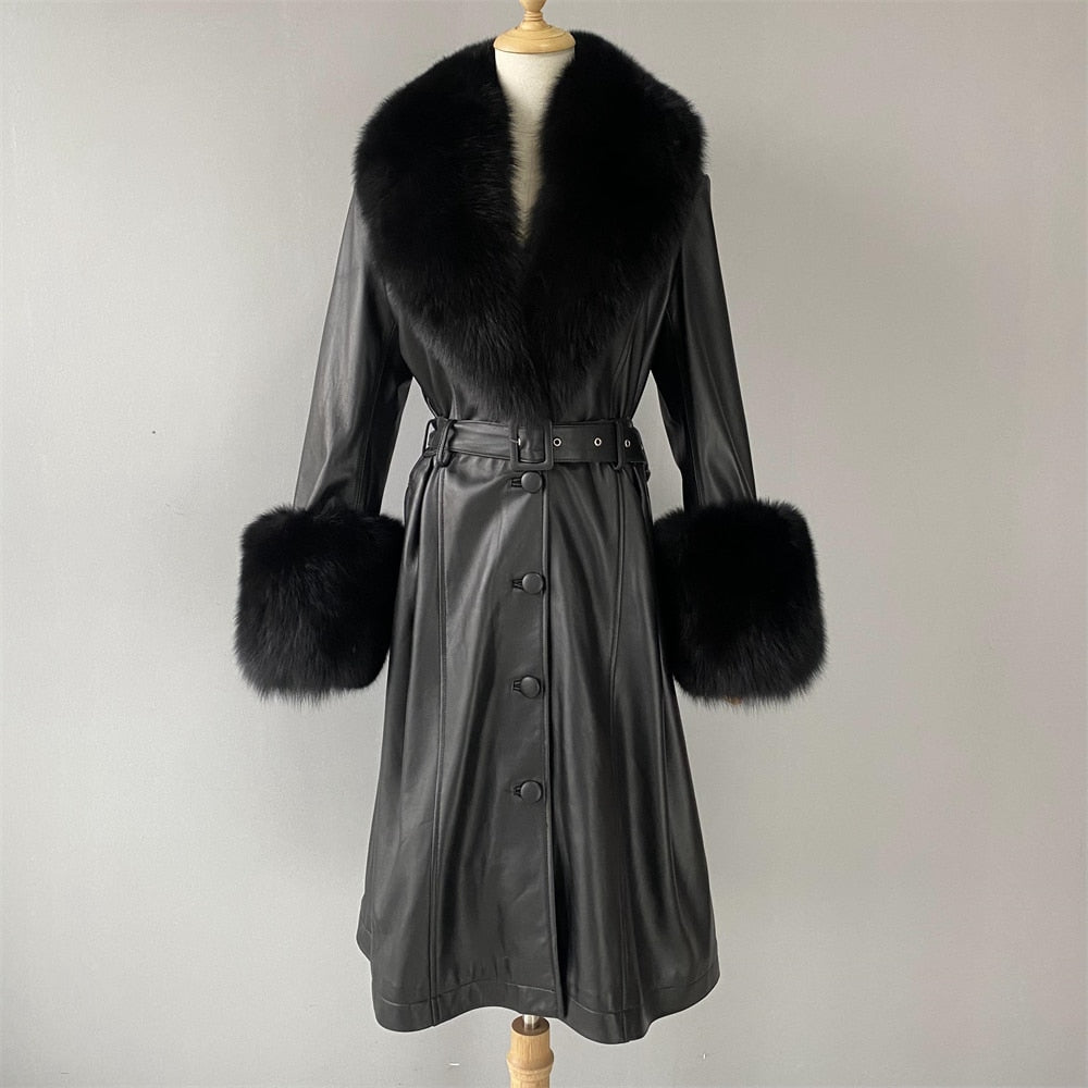 Women's Plus Size Genuine Leather Real Fox Fur Collar Long Trench Coat