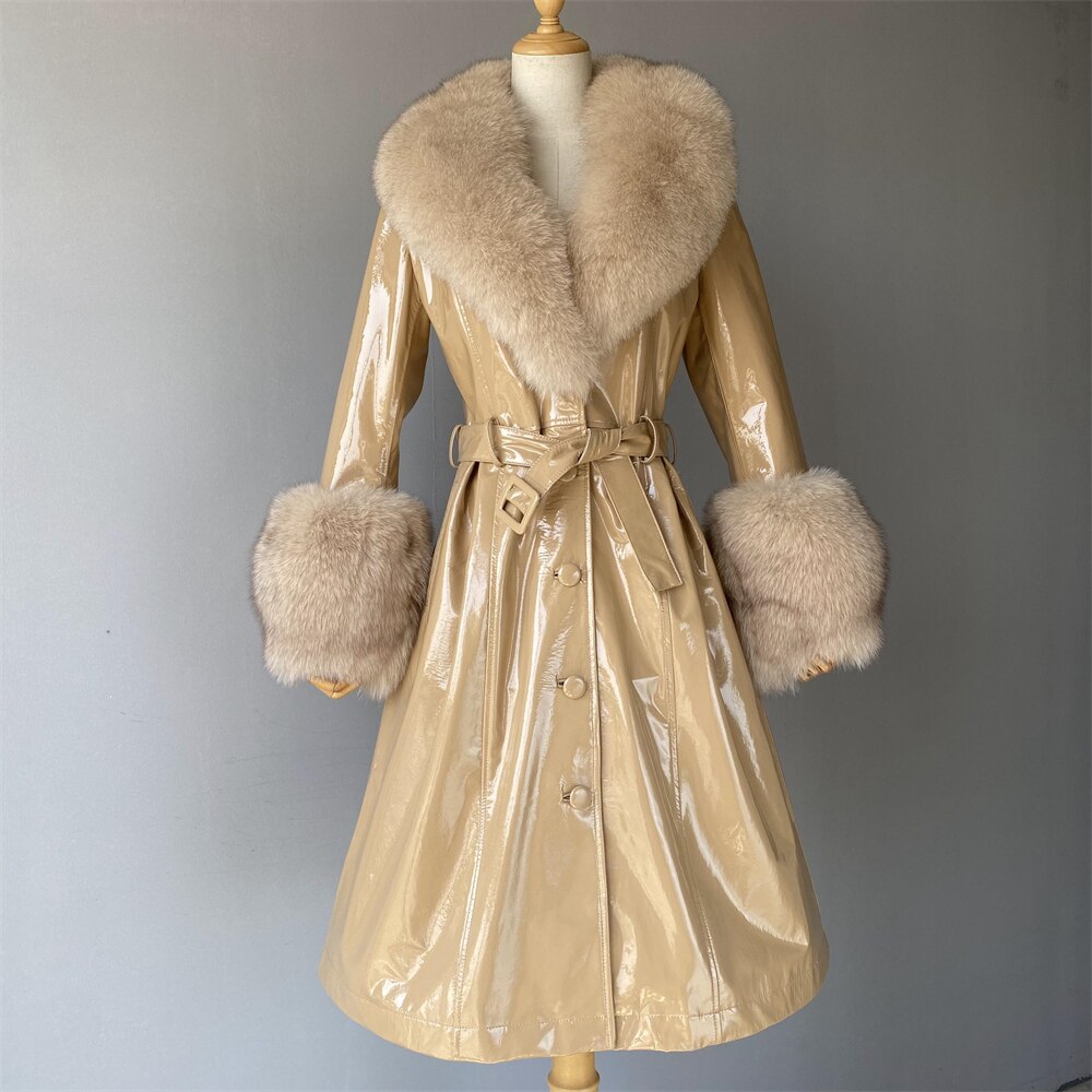 Women's Plus Size Genuine Leather Real Fox Fur Collar Long Trench Coat