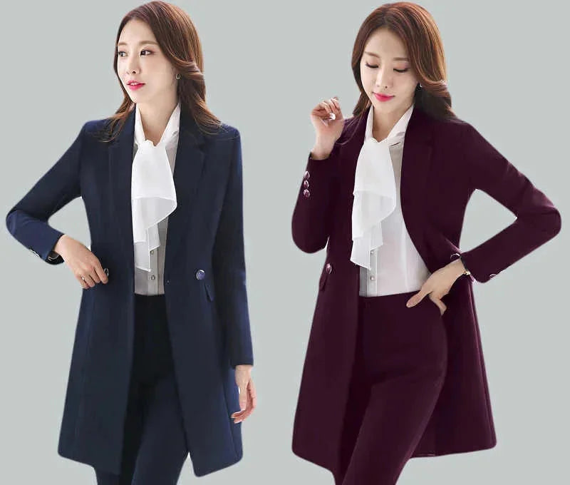 Women's Winter Formal Navy Blue Puff Sleeve Notched Collar Blazer