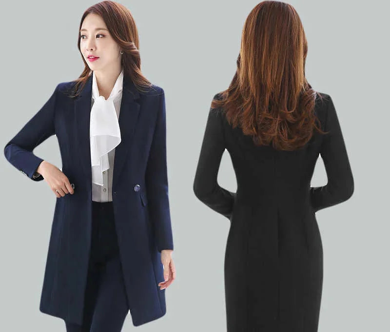 Women's Winter Formal Navy Blue Puff Sleeve Notched Collar Blazer