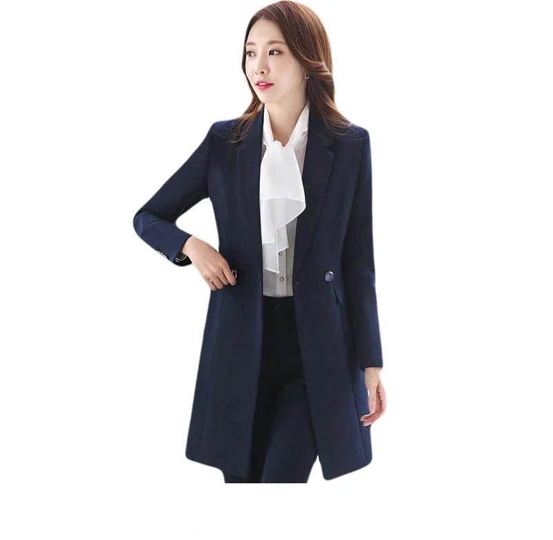 Women's Winter Formal Navy Blue Puff Sleeve Notched Collar Blazer