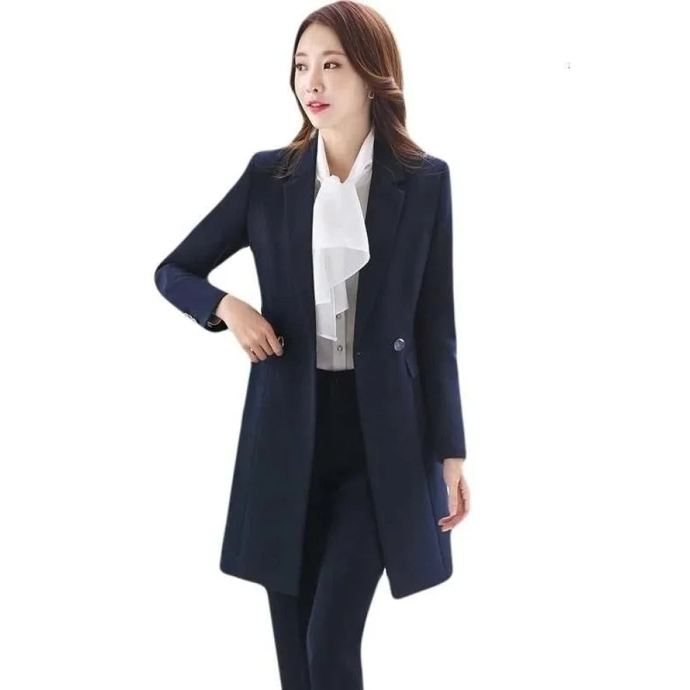 Women's Winter Formal Navy Blue Puff Sleeve Notched Collar Blazer