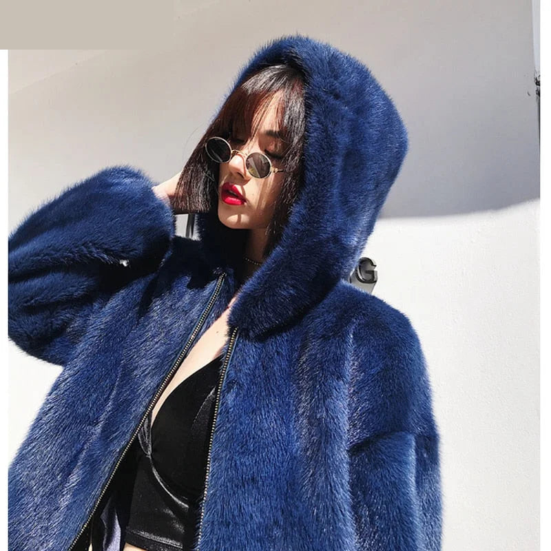 Women's Winter Multiple Color Real Mink Fur Short Jacket with Big Hat