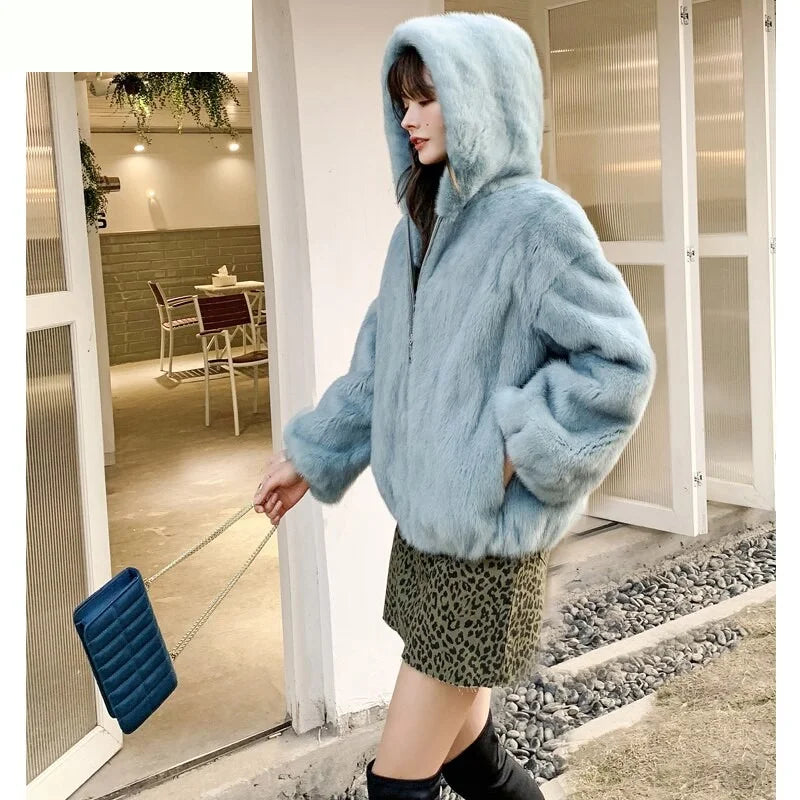 Women's Winter Multiple Color Real Mink Fur Short Jacket with Big Hat