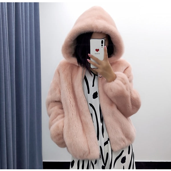 Women's Winter Multiple Color Real Mink Fur Short Jacket with Big Hat