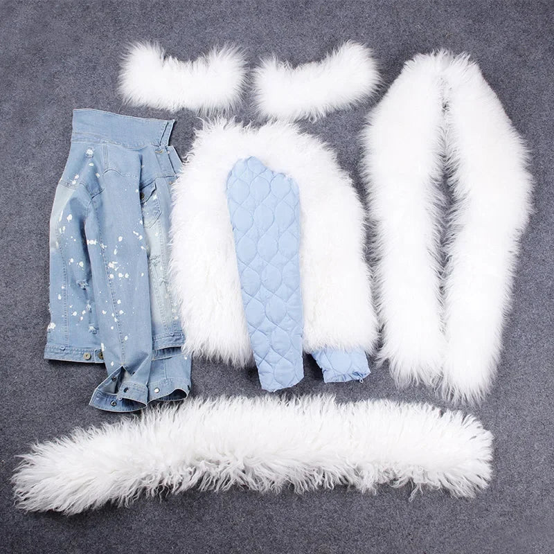 Women's Winter Polka Dot Wool Lined Luxurious Fur Collar Denim Jacket