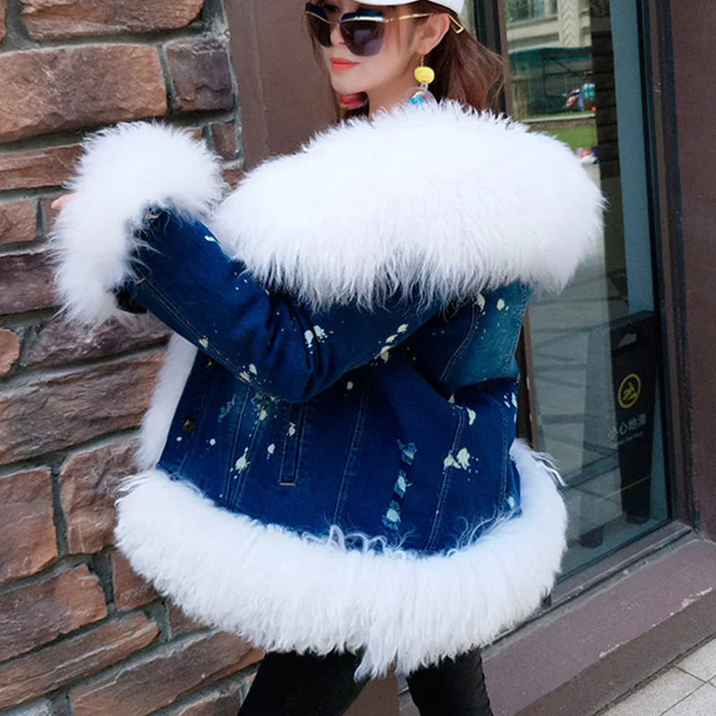 Women's Winter Polka Dot Wool Lined Luxurious Fur Collar Denim Jacket