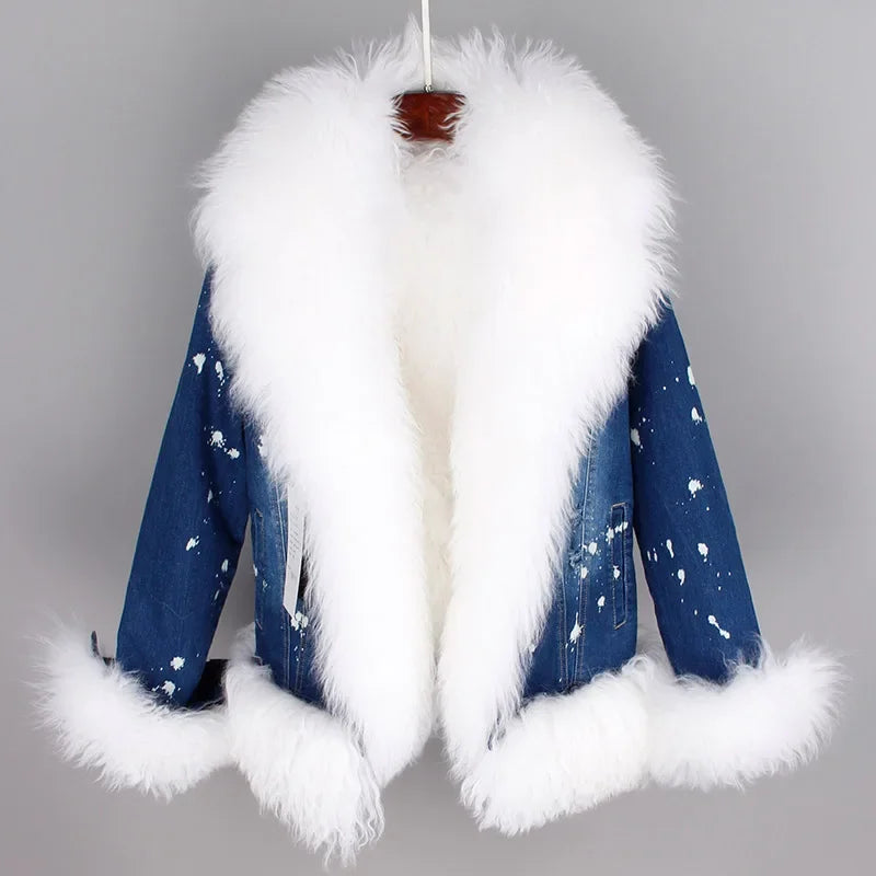 Women's Winter Polka Dot Wool Lined Luxurious Fur Collar Denim Jacket