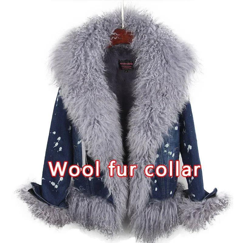 Women's Winter Polka Dot Wool Lined Luxurious Fur Collar Denim Jacket