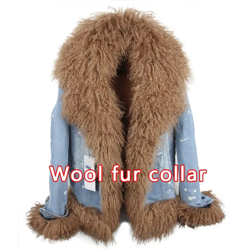 Women's Winter Polka Dot Wool Lined Luxurious Fur Collar Denim Jacket