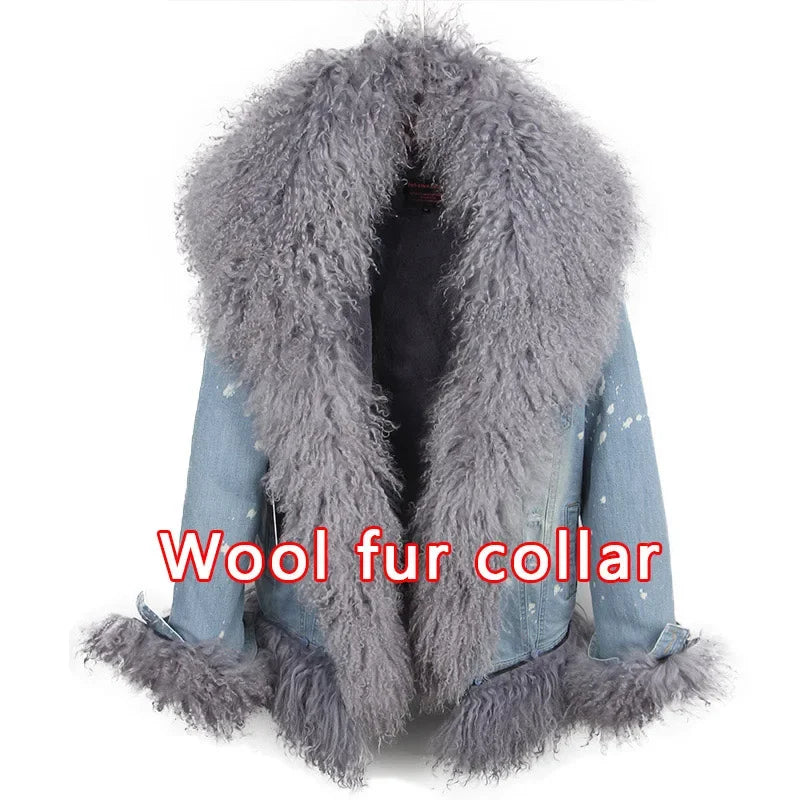 Women's Winter Polka Dot Wool Lined Luxurious Fur Collar Denim Jacket